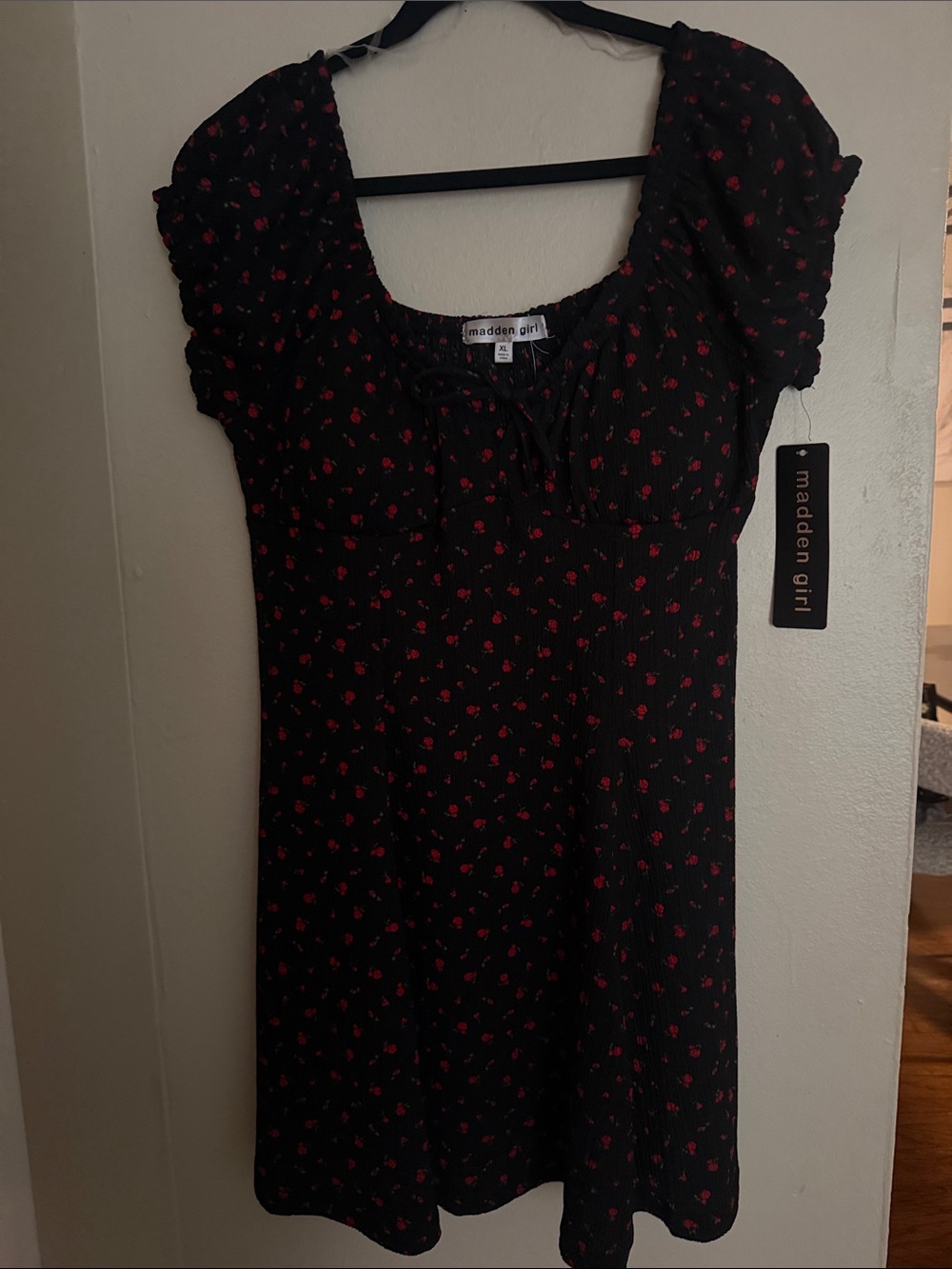 Madden Girl Black Mini Dress with Small Red Floral Print